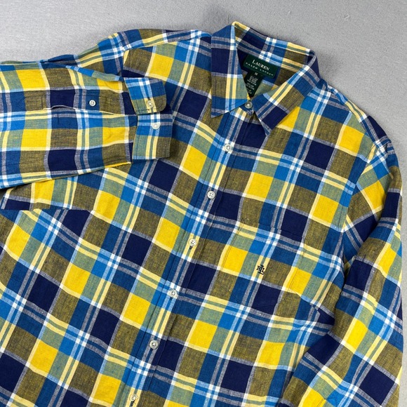 Lauren Ralph Lauren Tops - Lauren Ralph Lauren Womens 1X Linen Plaid Button Down Shirt Yellow Blue LRL